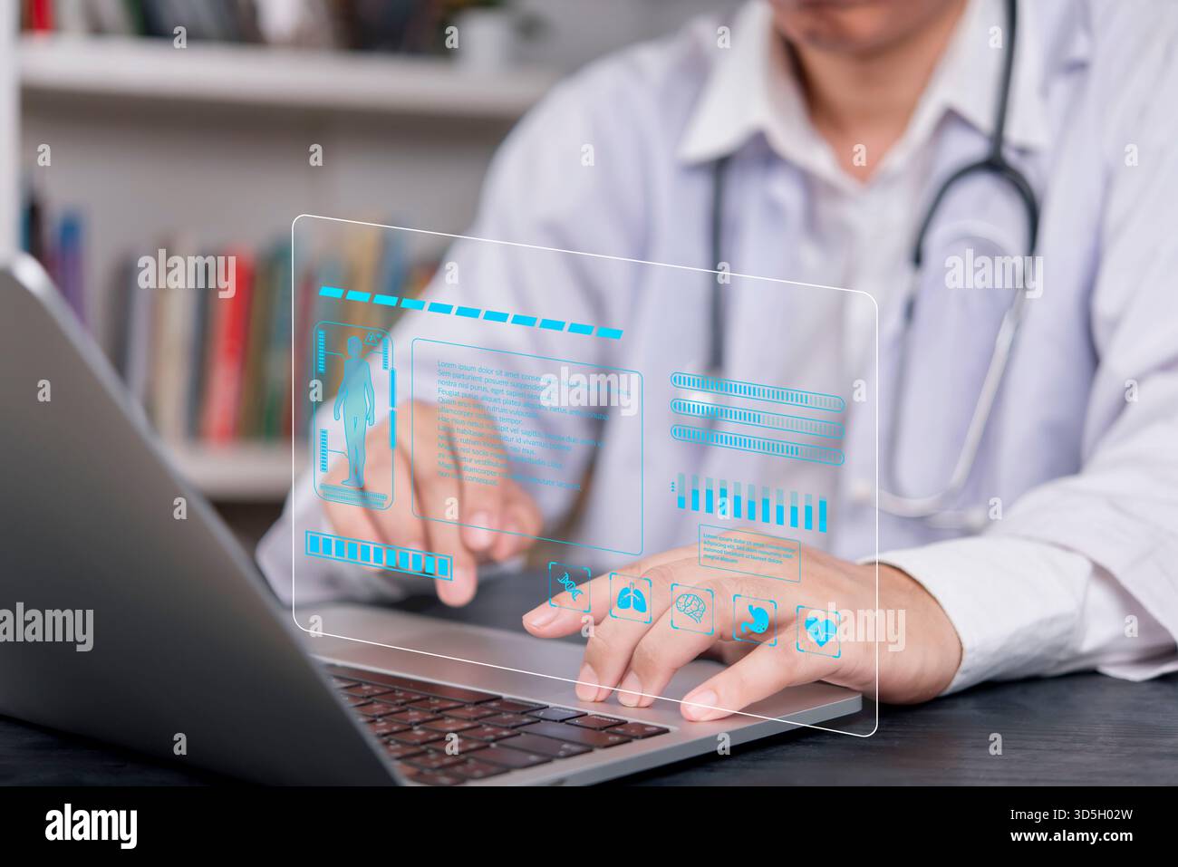 Computer Helping Doctors Integrating AI technology in medicine: A doctor examining patient data ...
