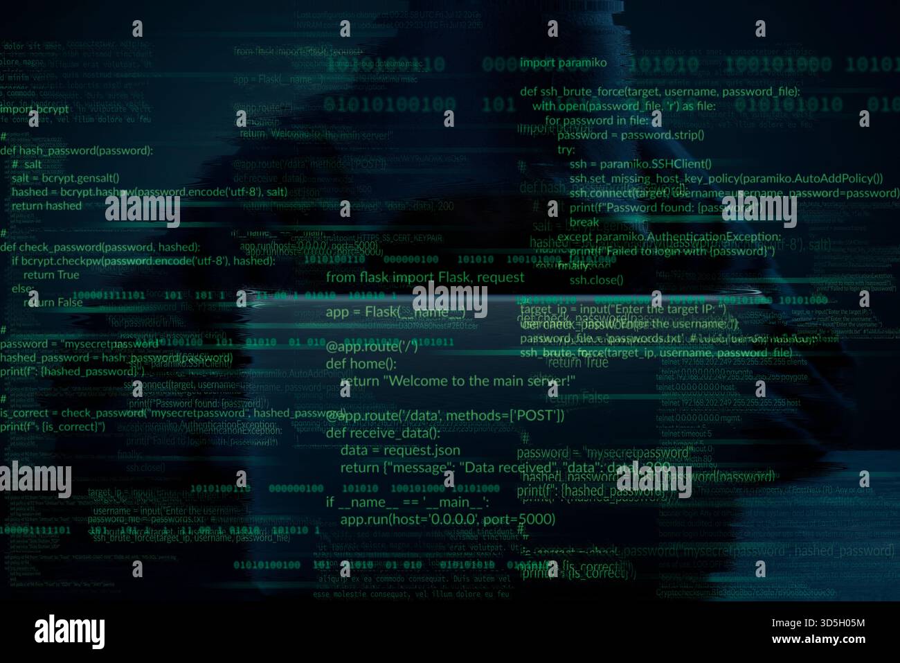 Abstract computer code on dark screen, programming language, software development, data encryption, digital background, big data analysis, internet se Stock Photo