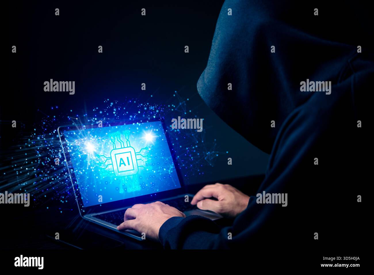 AI and cybercrime, threat digital. Hacker accessing artificial intelligence system, malware. Man using computer, dark web, online security, phishing, Stock Photo