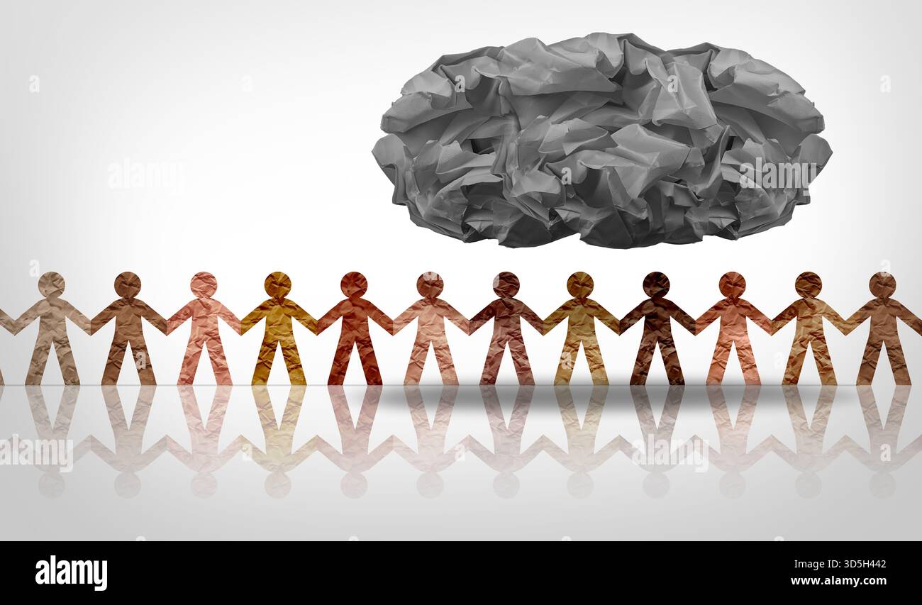 Group Depression as a part of a community of people that are depressed as a dark cloud over a portion of society as a mental health issue or social cr Stock Photo