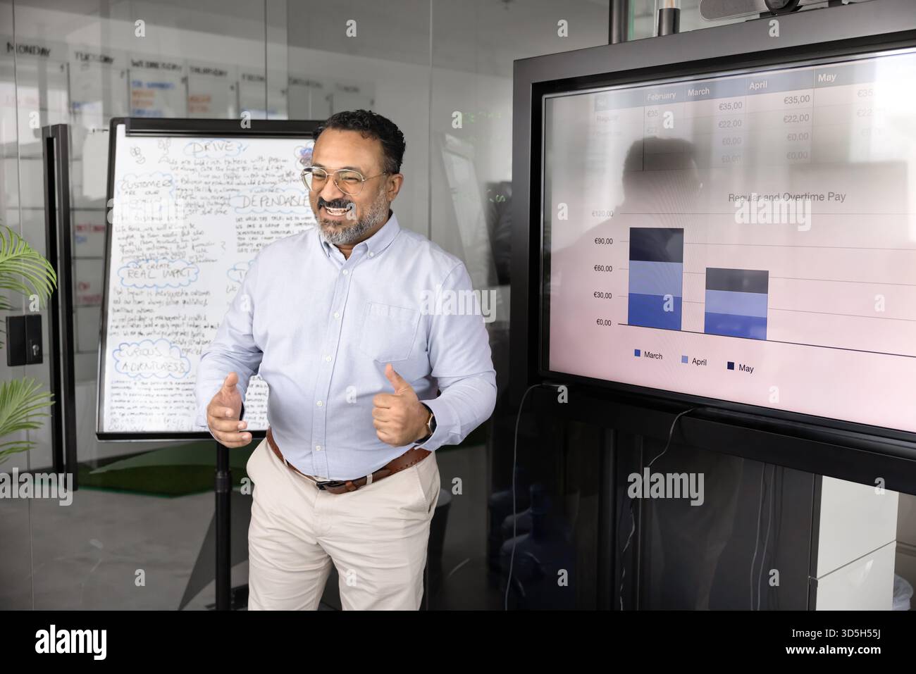 Happy mature Indian executive man presenting project analytic data Stock Photo
