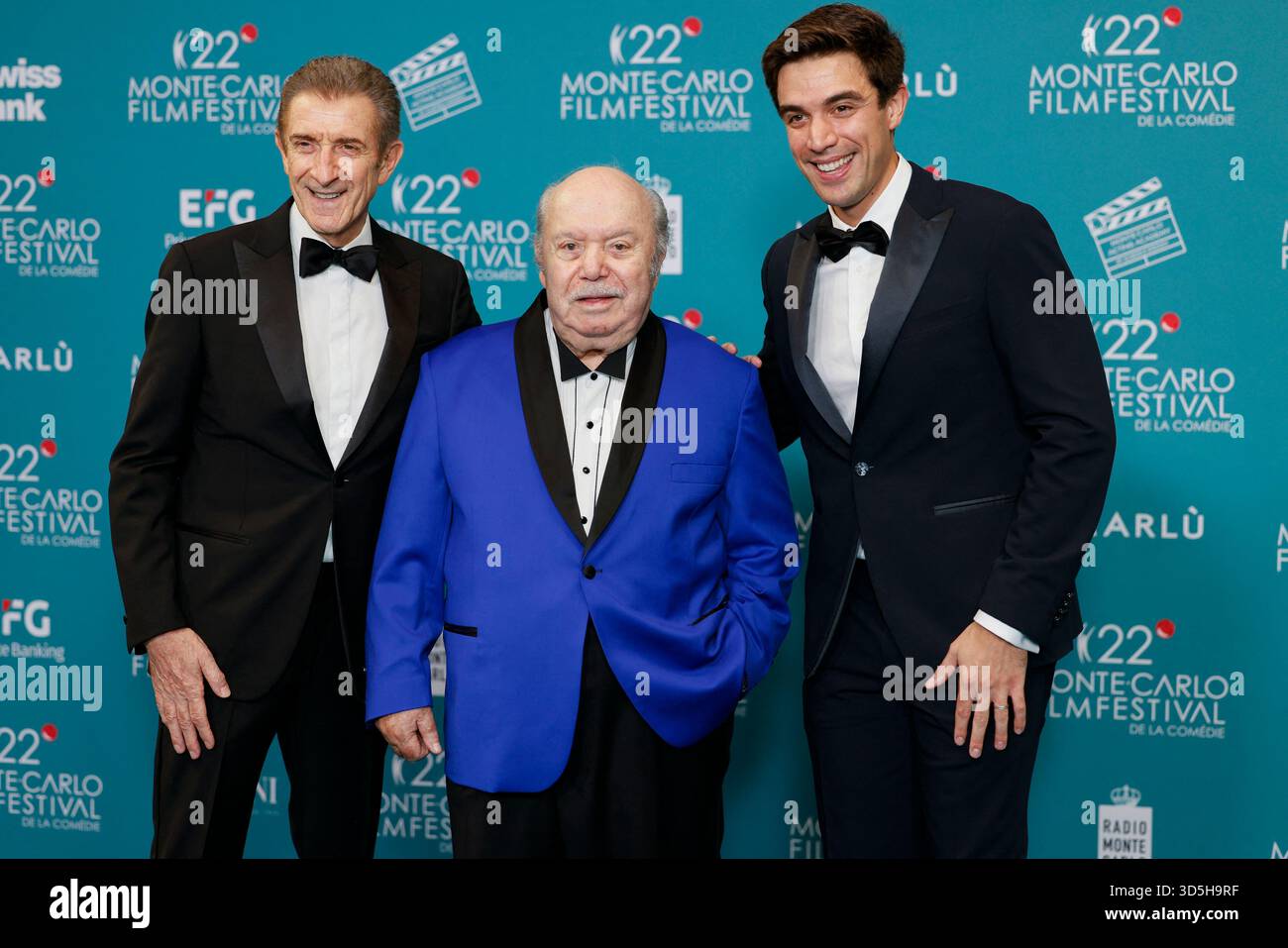 Monte Carlo, Monaco. 15th Nov, 2025. Ezio Greggio, Lino Banfi, Gabriele Greggio attend the awards gala night held at Grimaldi Forum during 22nd Monte Carlo Film Festival on November 15, 2025 in Monte Carlo, Monaco. Photo by Marco Piovanotto/ABACAPRESS.COM Credit: Abaca Press/Alamy Live News Stock Photo