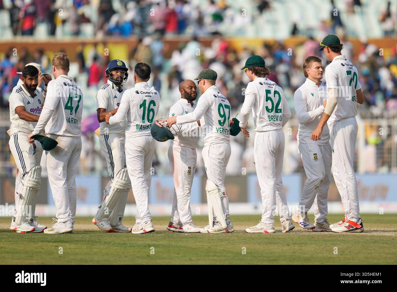 Players of the two teams greet each other after South Africa won the ...