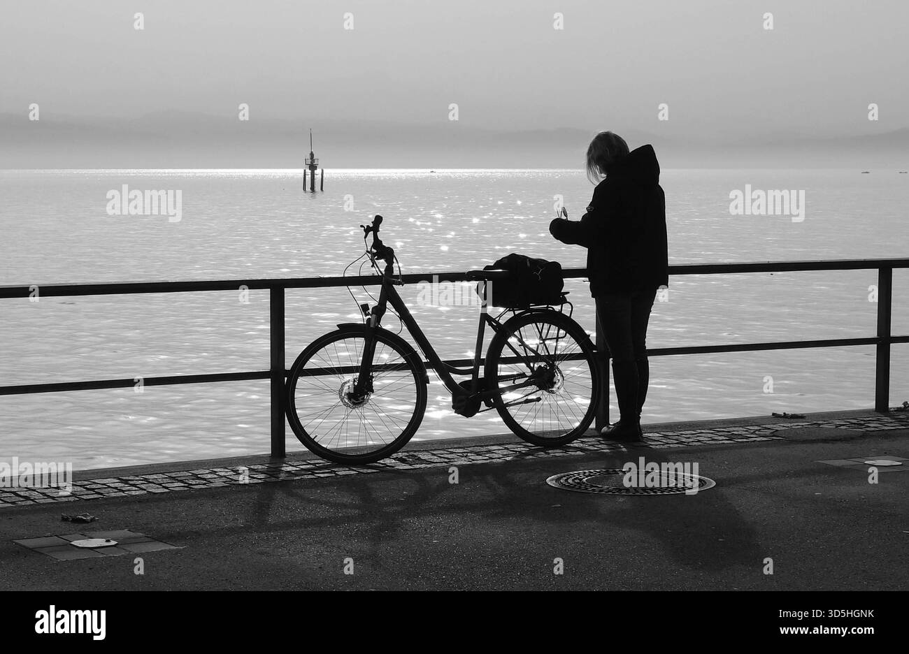 14 11 2025 Ausflug In Bodensee Im Bild Radlerin 14112025 Ausflug In Bodensee Im Bild Radlerin Macht Ein Pause Am Ufer 14 11 2025 Excursion In Lake Constance In The Picture A Cyclist Takes A Break On The Shore 3D5HGNK 