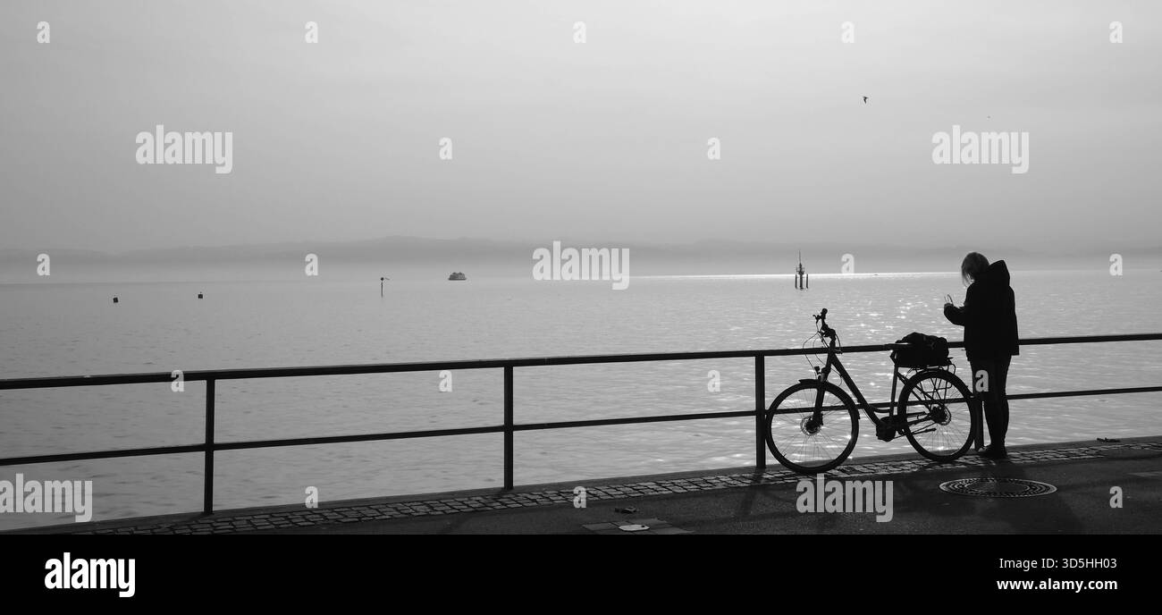 14 11 2025 Ausflug In Bodensee Im Bild Radlerin 14112025 Ausflug In Bodensee Im Bild Radlerin Macht Eine Pause Am Ufer 14 11 2025 Excursion In Lake Constance In The Picture A Cyclist Takes A Break On The Shore 3D5HH03 
