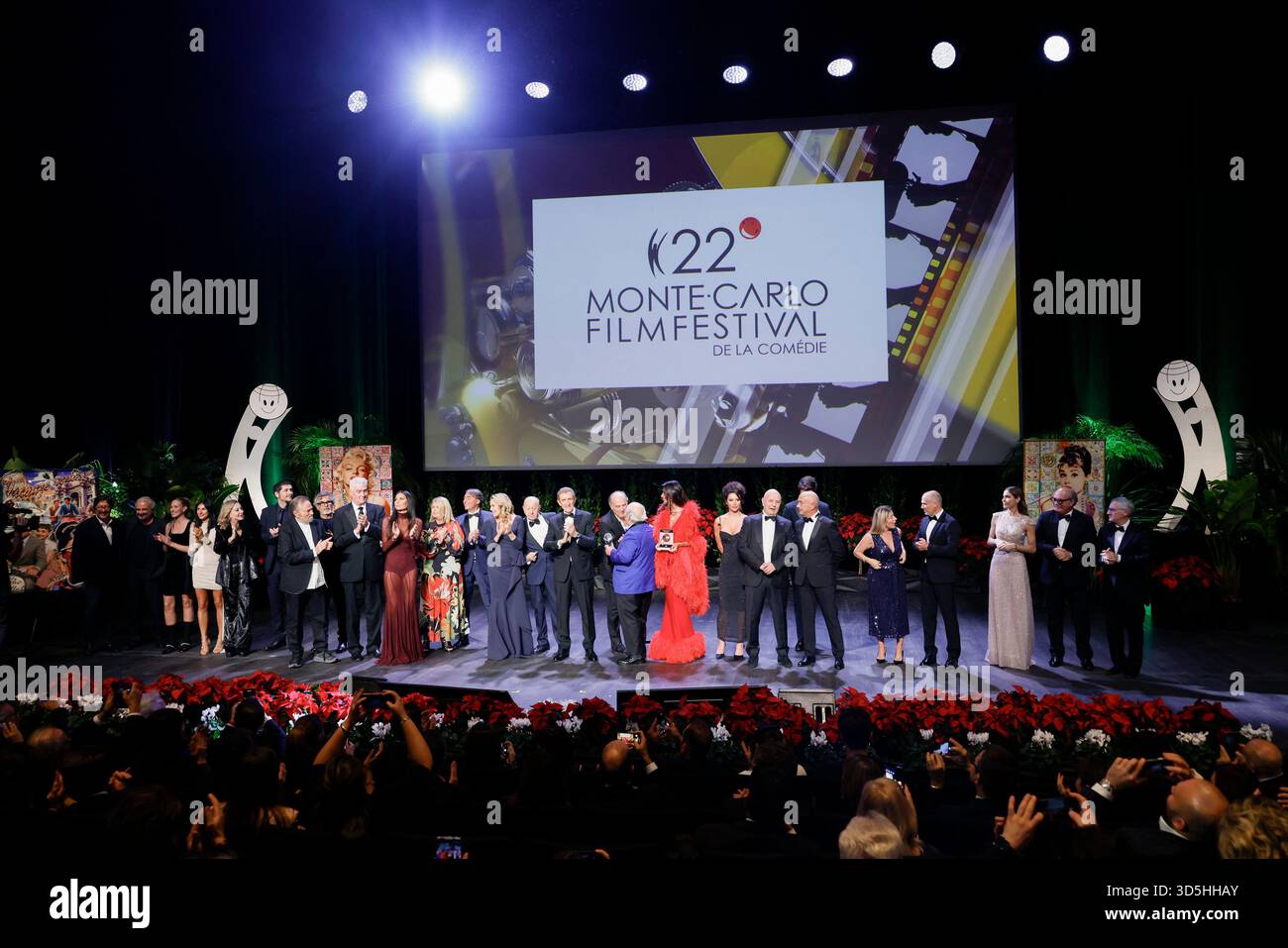 Monte Carlo, Monaco. 15th Nov, 2025. All the winners pose on the stage during the awards gala night held at Grimaldi Forum during 22nd Monte Carlo Film Festival on November 15, 2025 in Monte Carlo, Monaco. Photo Marco Piovanotto/ABACAPRESS.COM Credit: Abaca Press/Alamy Live News Stock Photo