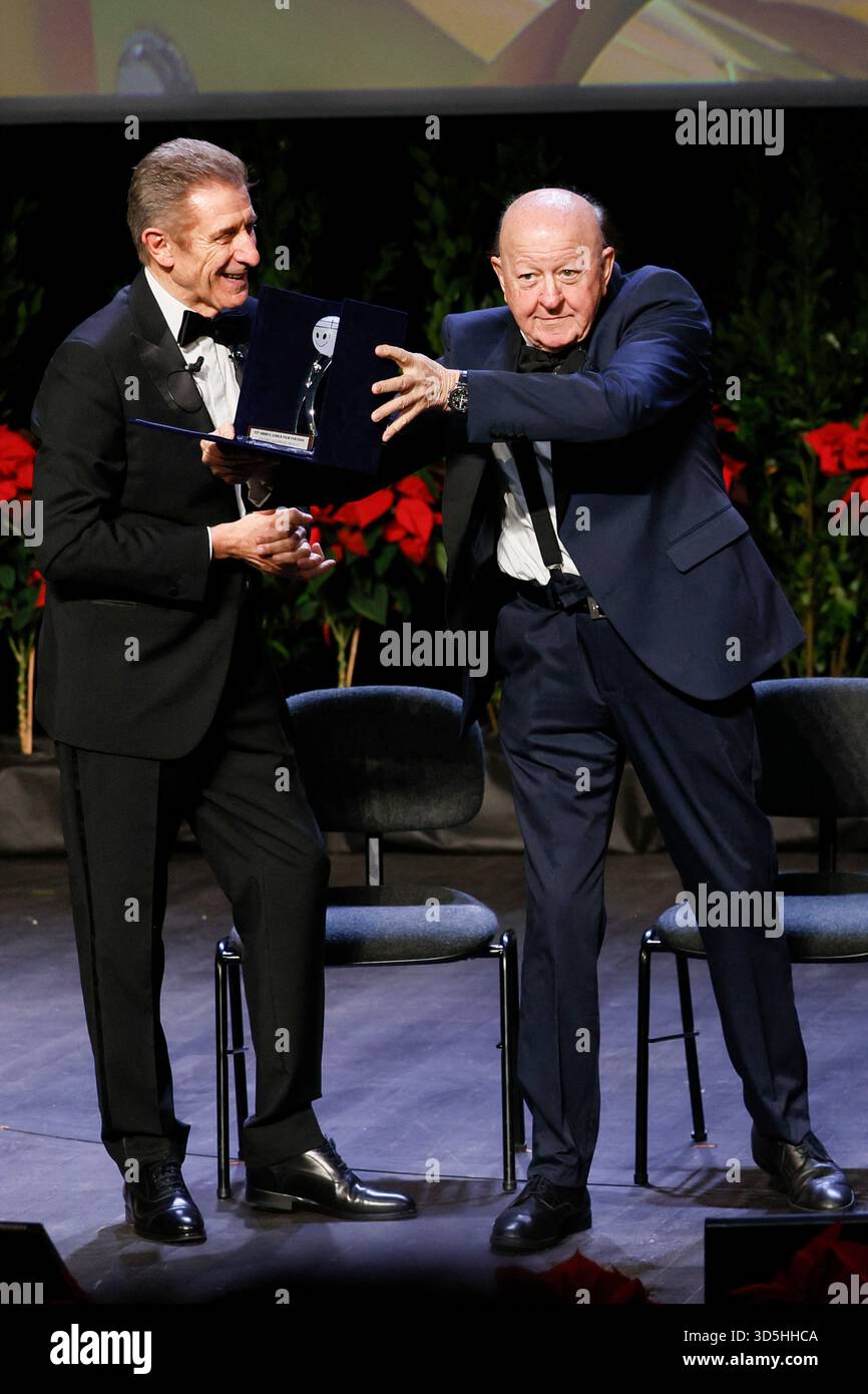 Monte Carlo, Monaco. 15th Nov, 2025. Massimo Boldi receives the Career Award from Elisabetta Gregoraci and Ezio Greggio during the awards gala night held at Grimaldi Forum during 22nd Monte Carlo Film Festival on November 15, 2025 in Monte Carlo, Monaco. Photo Marco Piovanotto/ABACAPRESS.COM Credit: Abaca Press/Alamy Live News Stock Photo
