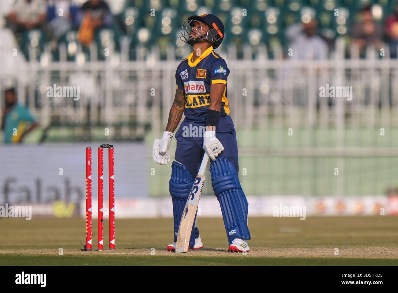 Sri Lanka's Pathum Nissanka reacts as he is bowled out by Pakistan's ...