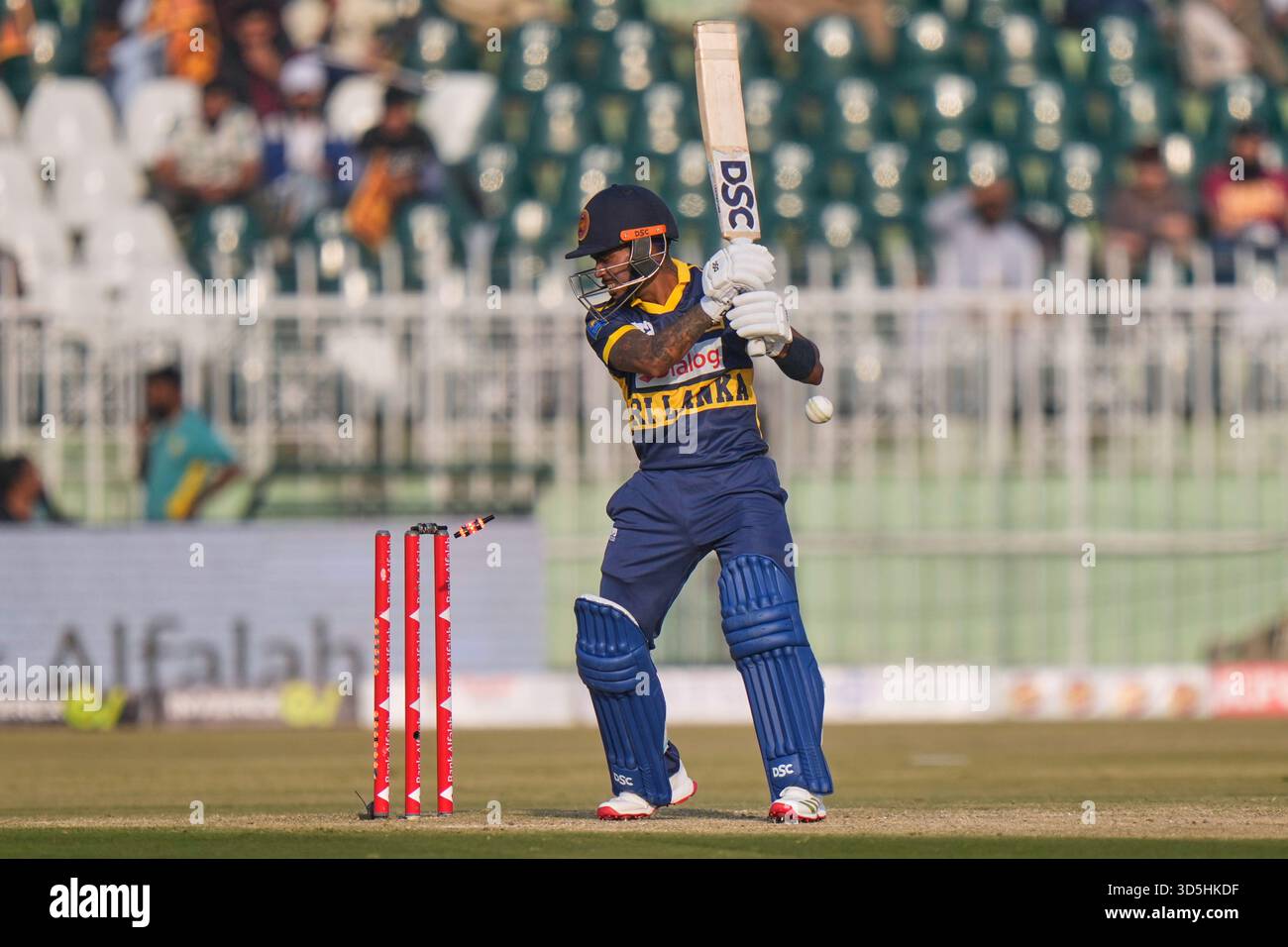 Sri Lanka's Pathum Nissanka is bowled out by Pakistan's Haris Rauf ...