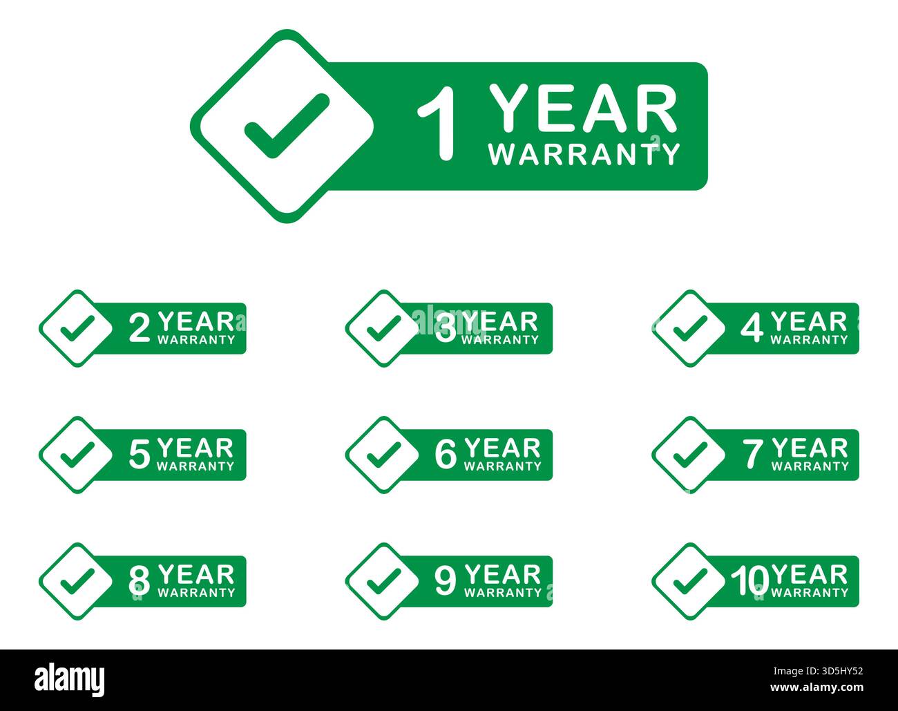 Green warranty labels set 1 to 10 years with a check mark, vector ...