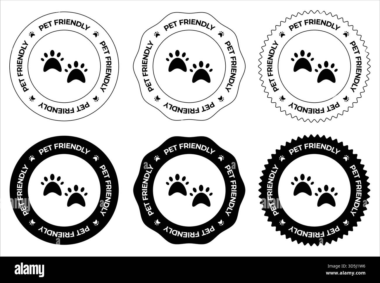 Set of Pet Friendly round stamps with paw icons, vector black and white ...