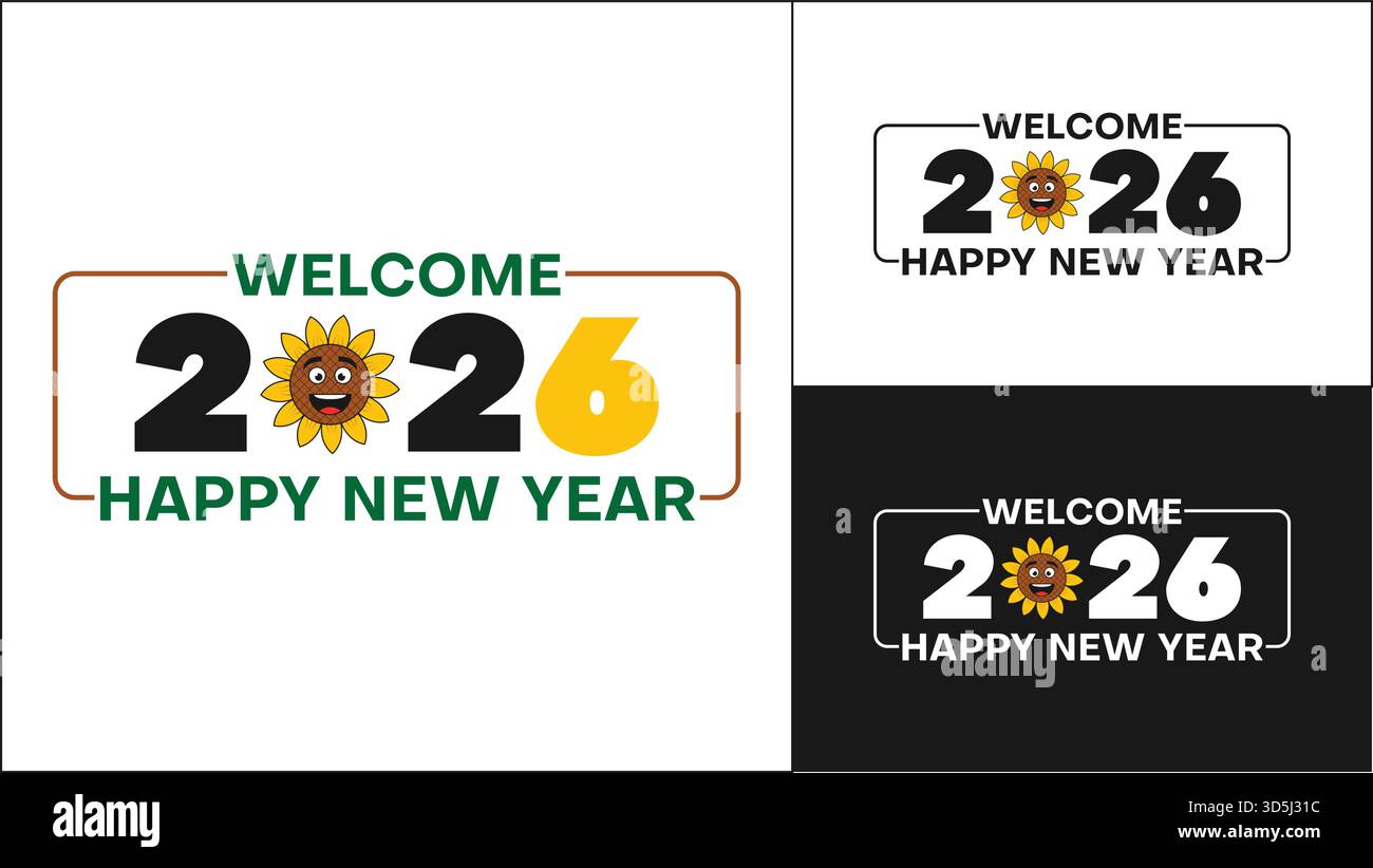 Welcome Happy New Year 2026 text with smiling sunflower cartoon, vector holiday greeting logo design set Stock Vector