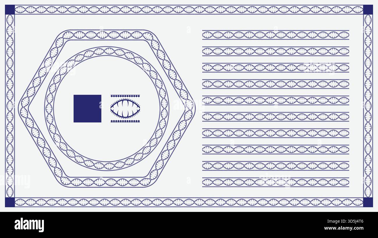 Set of blue geometric border frames and seamless pattern brushes, vector certificate design elements Stock Vector