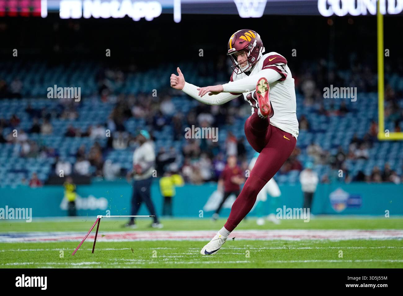 Washington Commanders place kicker Matt Gay (16) warms-up before an NFL ...