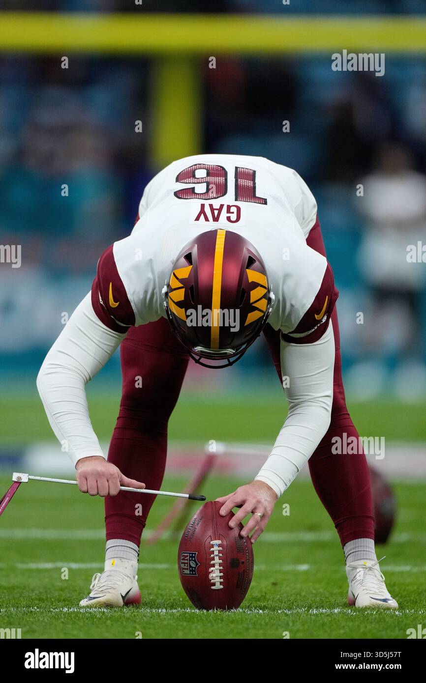 Washington Commanders place kicker Matt Gay (16) warms-up before an NFL ...