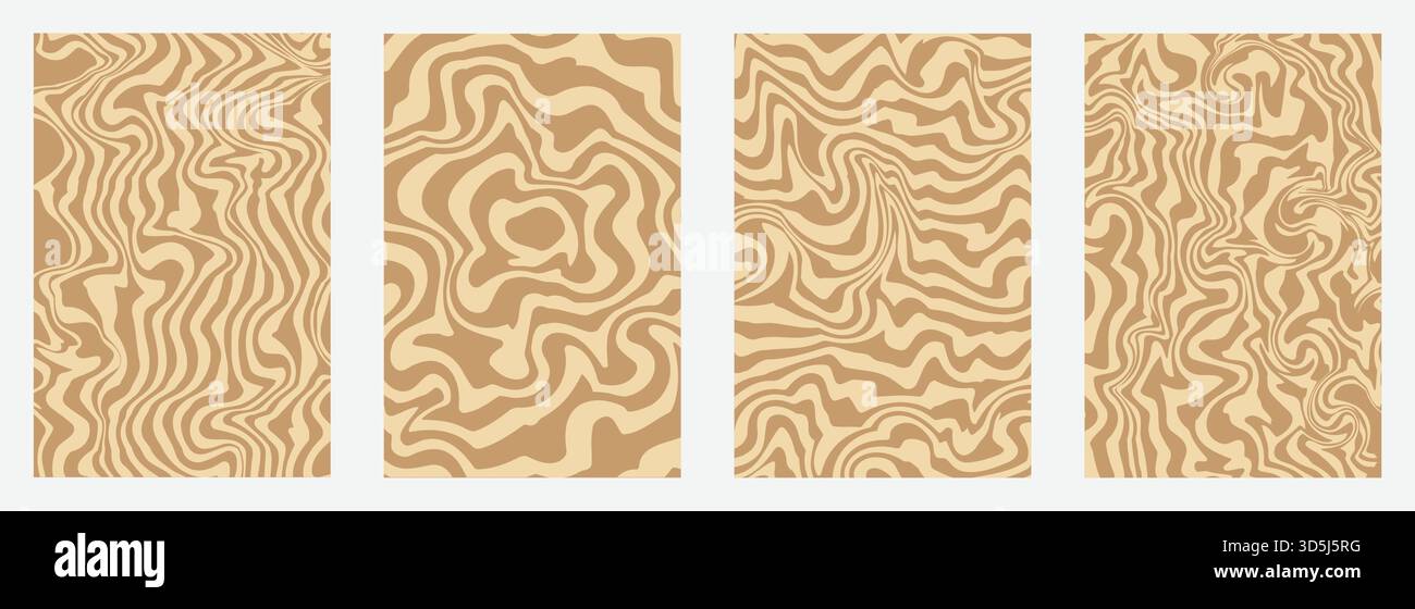 Set of abstract beige liquid wave patterns, vector monochromatic marble textures for vertical background design Stock Vector
