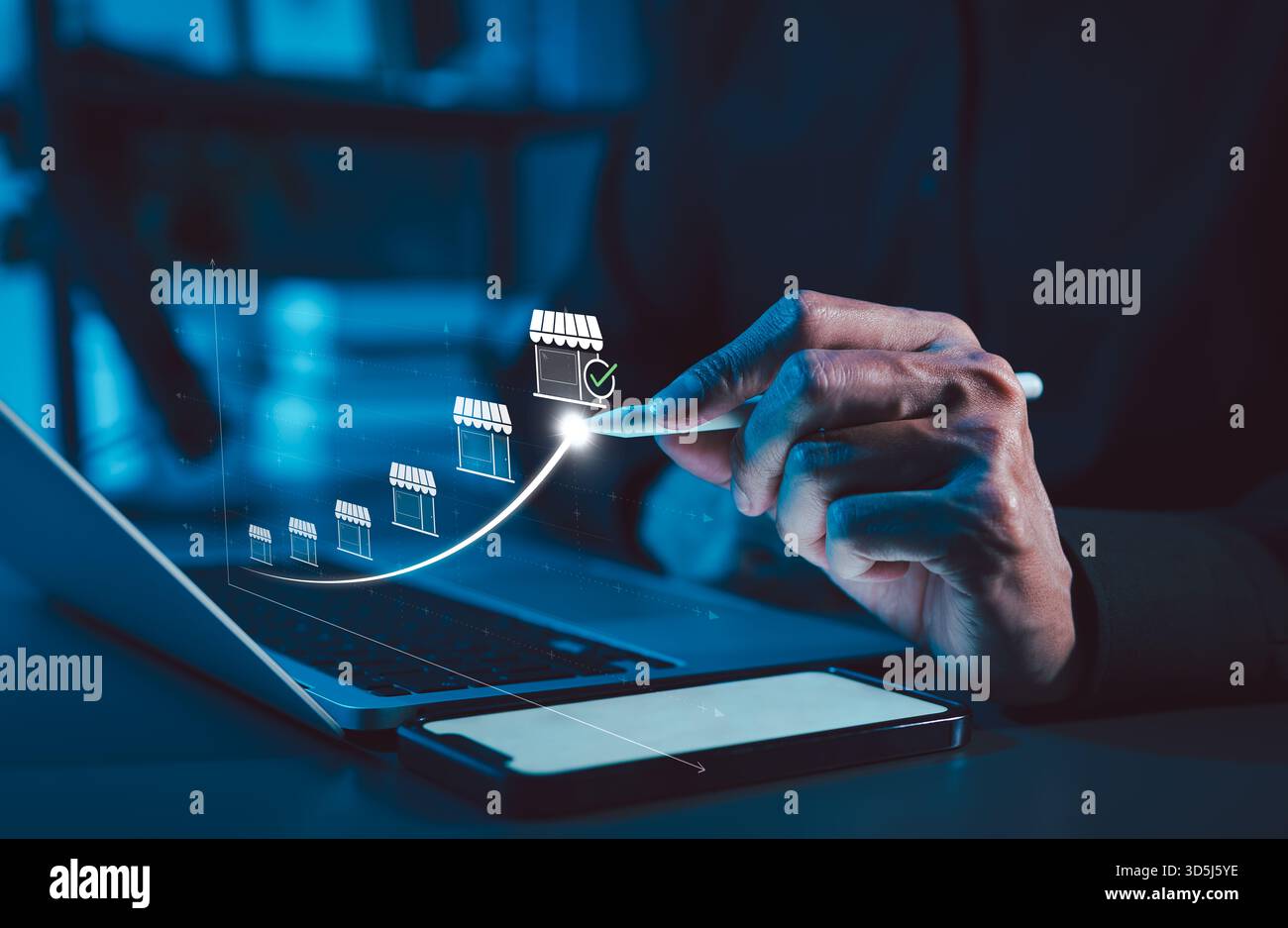 Franchise concept. Franchise Business Growth and Expansion Strategy Visualization. Entrepreneur visualizing franchise growth trajectory Stock Photo