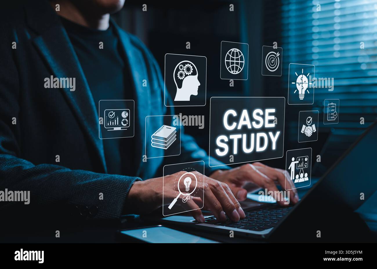 Businessman analyzing case study using laptop with digital icons. Concept for data-driven decision making, strategic learning in corporate development Stock Photo