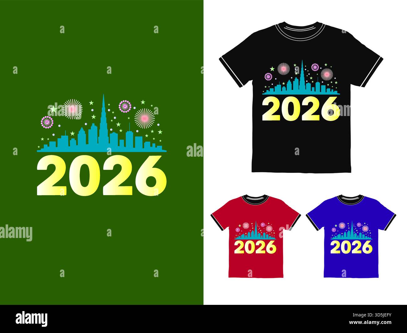 New Year 2026 Design T Shirt concept cityscape fireworks celebration ...