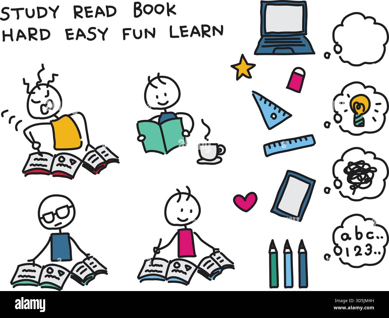 Hand-Drawn Doodle Set of Student Learning and Study Concepts Stock Vector