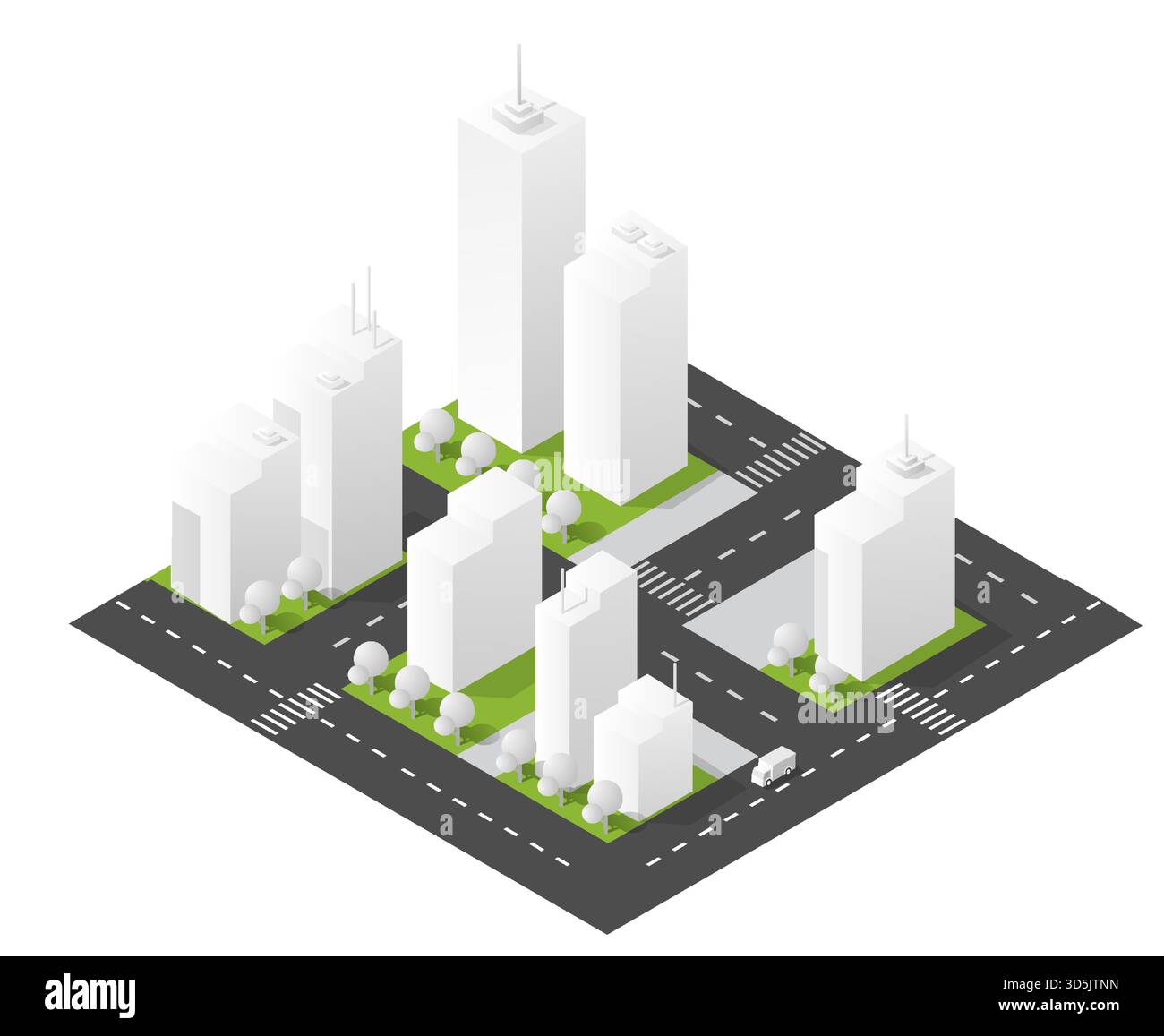 Street Network Isometric urban city plan with modern buildings, green areas, and ...