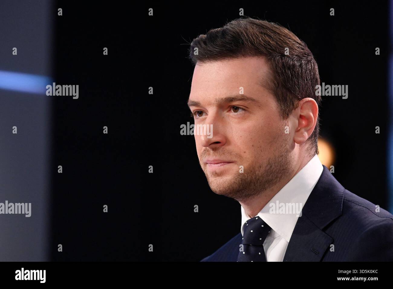 Paris, France. 16th Nov, 2025. President of French far-right Rassemblement National (RN) party and Member of the European Parliament Jordan Bardella poses for pictures ahead of an interview for Dimanche En Politique on France 3 channel in Paris, France on November 16, 2025. Photo by Stephane Le Tellec/ABACAPRESS.COM Credit: Abaca Press/Alamy Live News Stock Photo