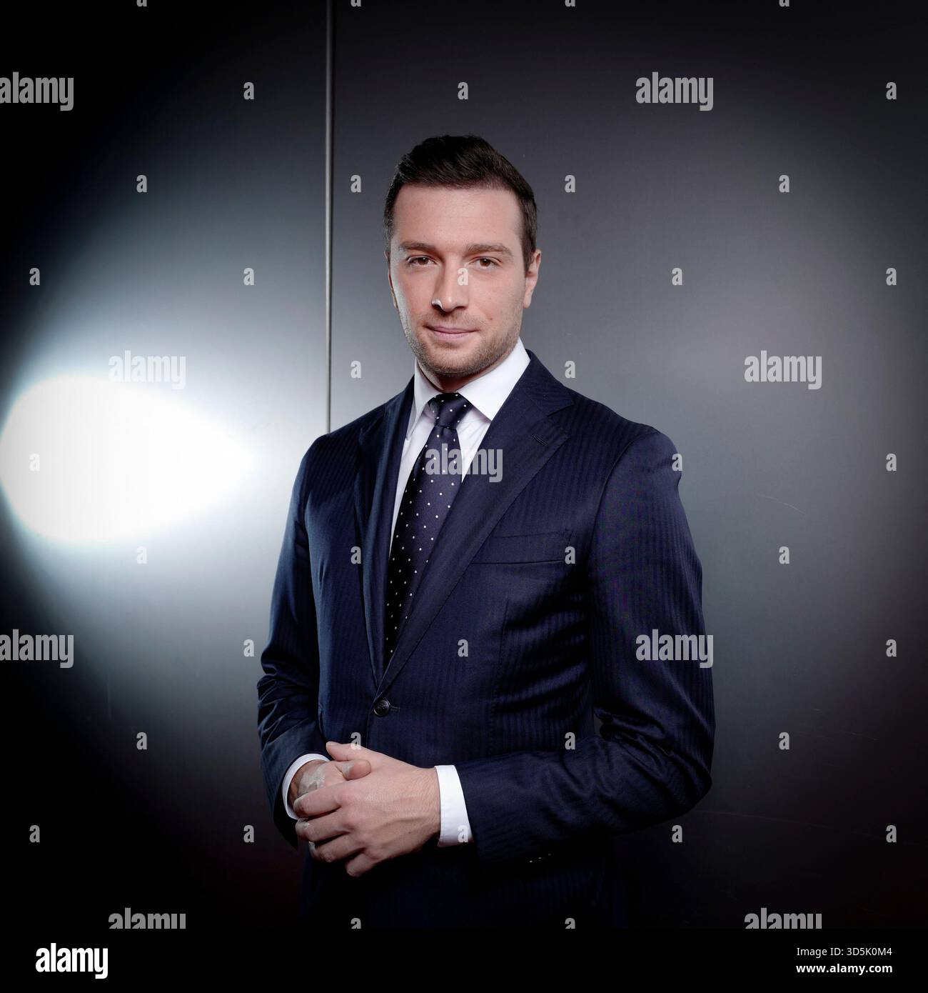 Paris, France. 16th Nov, 2025. President of French far-right Rassemblement National (RN) party and Member of the European Parliament Jordan Bardella poses for pictures ahead of an interview for Dimanche En Politique on France 3 channel in Paris, France on November 16, 2025. Photo by Stephane Le Tellec/ABACAPRESS.COM Credit: Abaca Press/Alamy Live News Stock Photo