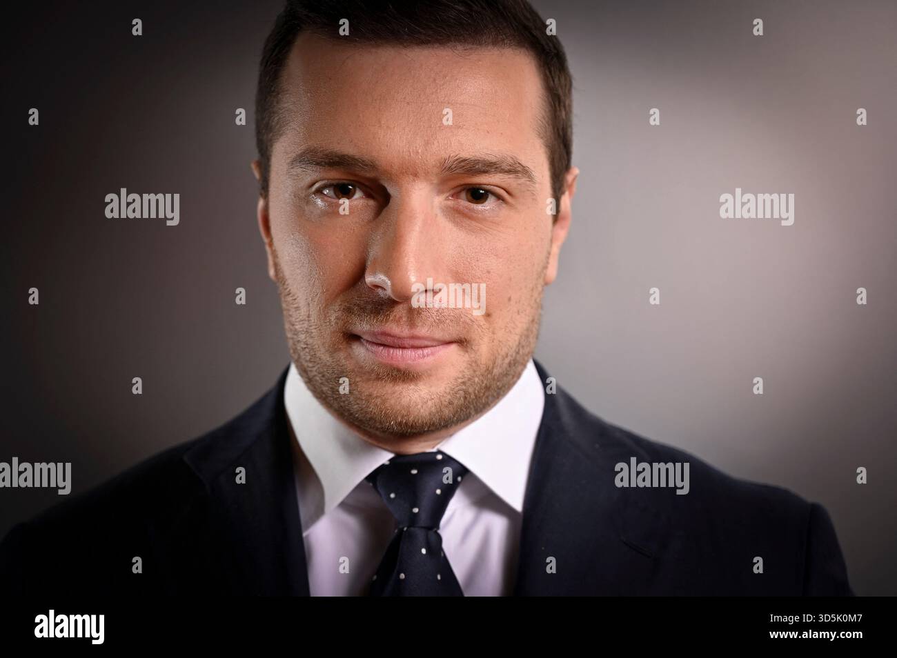 Paris, France. 16th Nov, 2025. President of French far-right Rassemblement National (RN) party and Member of the European Parliament Jordan Bardella poses for pictures ahead of an interview for Dimanche En Politique on France 3 channel in Paris, France on November 16, 2025. Photo by Stephane Le Tellec/ABACAPRESS.COM Credit: Abaca Press/Alamy Live News Stock Photo