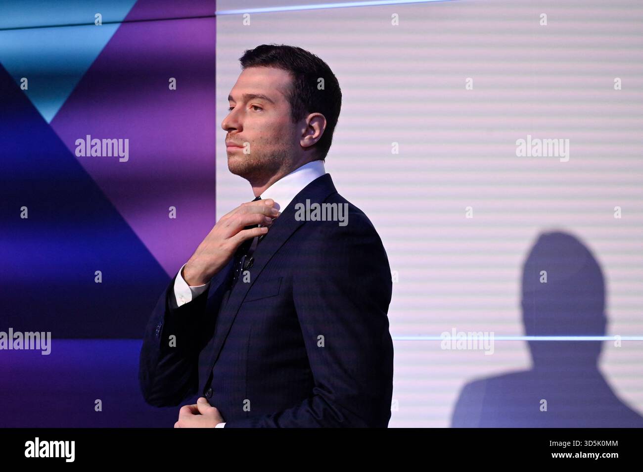 Paris, France. 16th Nov, 2025. President of French far-right Rassemblement National (RN) party and Member of the European Parliament Jordan Bardella poses for pictures ahead of an interview for Dimanche En Politique on France 3 channel in Paris, France on November 16, 2025. Photo by Stephane Le Tellec/ABACAPRESS.COM Credit: Abaca Press/Alamy Live News Stock Photo