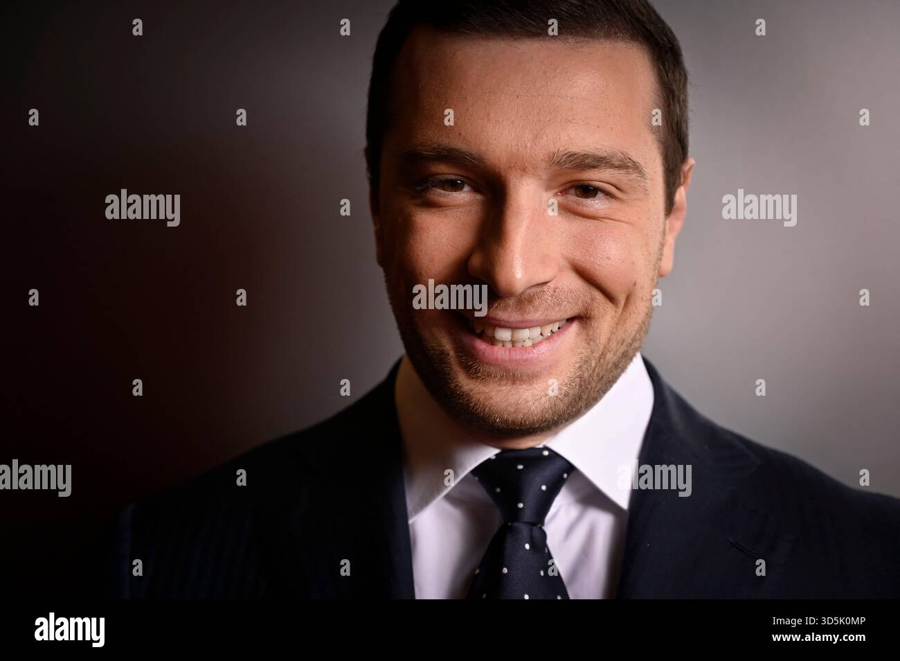 Paris, France. 16th Nov, 2025. President of French far-right Rassemblement National (RN) party and Member of the European Parliament Jordan Bardella poses for pictures ahead of an interview for Dimanche En Politique on France 3 channel in Paris, France on November 16, 2025. Photo by Stephane Le Tellec/ABACAPRESS.COM Credit: Abaca Press/Alamy Live News Stock Photo