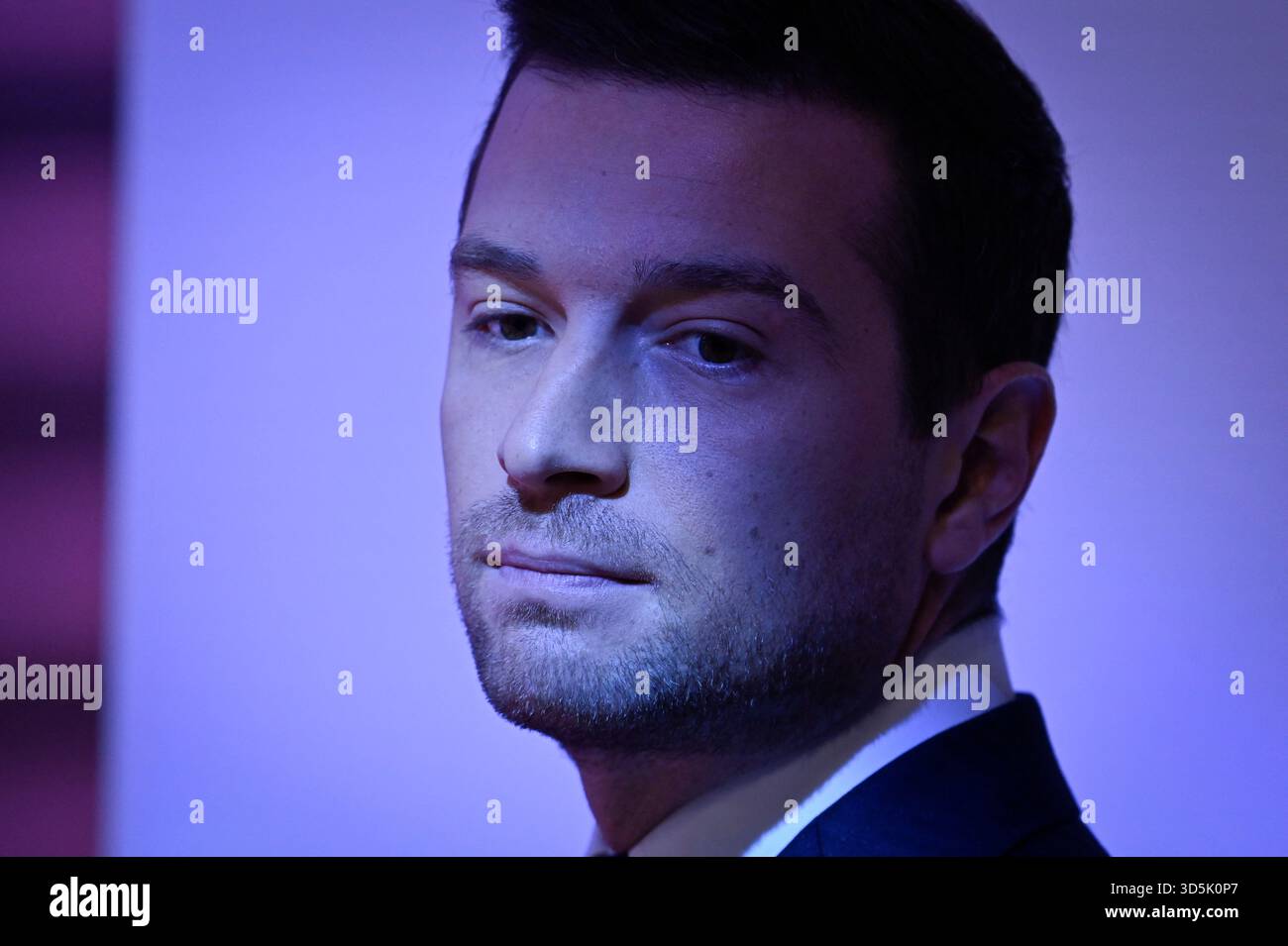Paris, France. 16th Nov, 2025. President of French far-right Rassemblement National (RN) party and Member of the European Parliament Jordan Bardella poses for pictures ahead of an interview for Dimanche En Politique on France 3 channel in Paris, France on November 16, 2025. Photo by Stephane Le Tellec/ABACAPRESS.COM Credit: Abaca Press/Alamy Live News Stock Photo