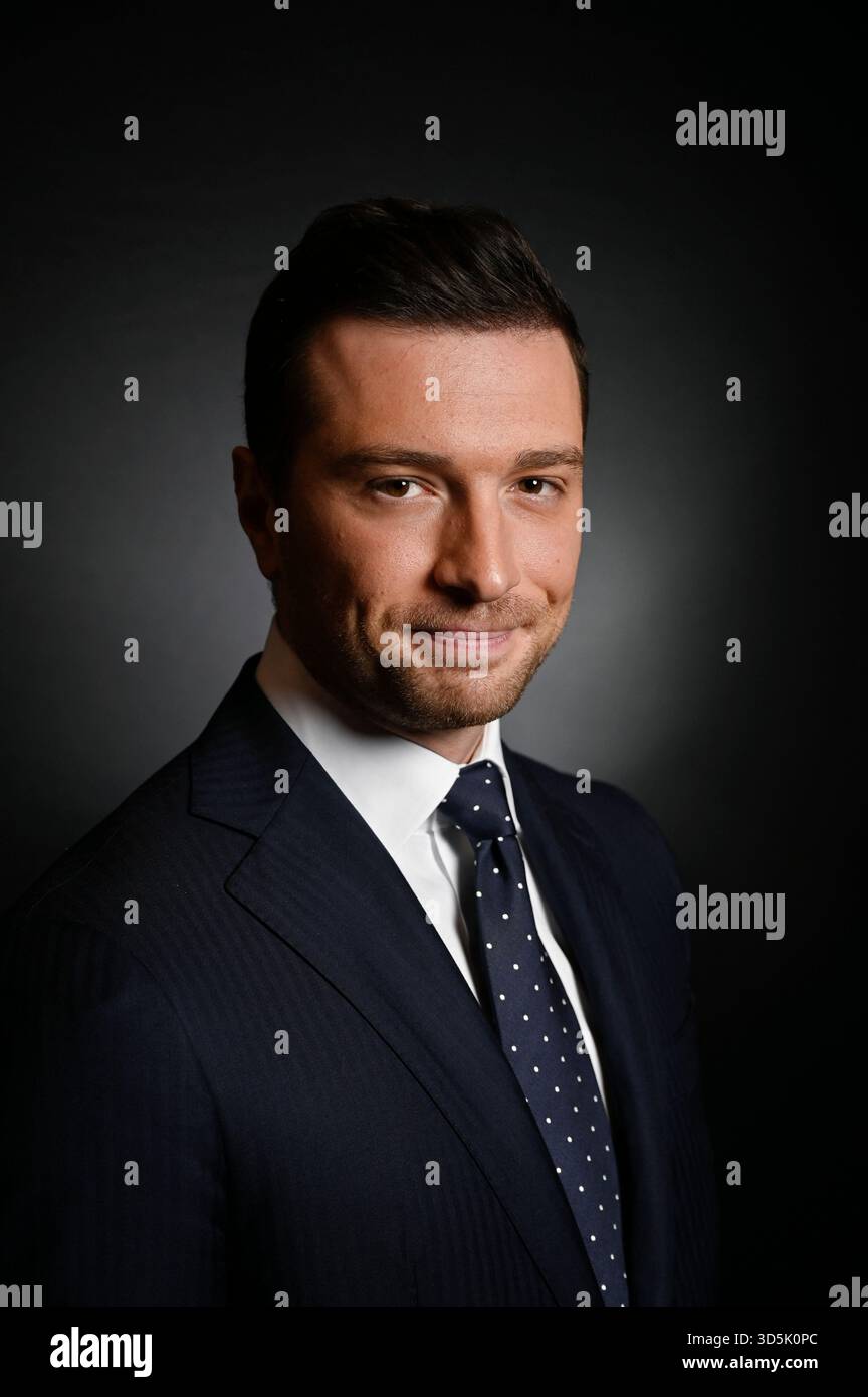 Paris, France. 16th Nov, 2025. President of French far-right Rassemblement National (RN) party and Member of the European Parliament Jordan Bardella poses for pictures ahead of an interview for Dimanche En Politique on France 3 channel in Paris, France on November 16, 2025. Photo by Stephane Le Tellec/ABACAPRESS.COM Credit: Abaca Press/Alamy Live News Stock Photo