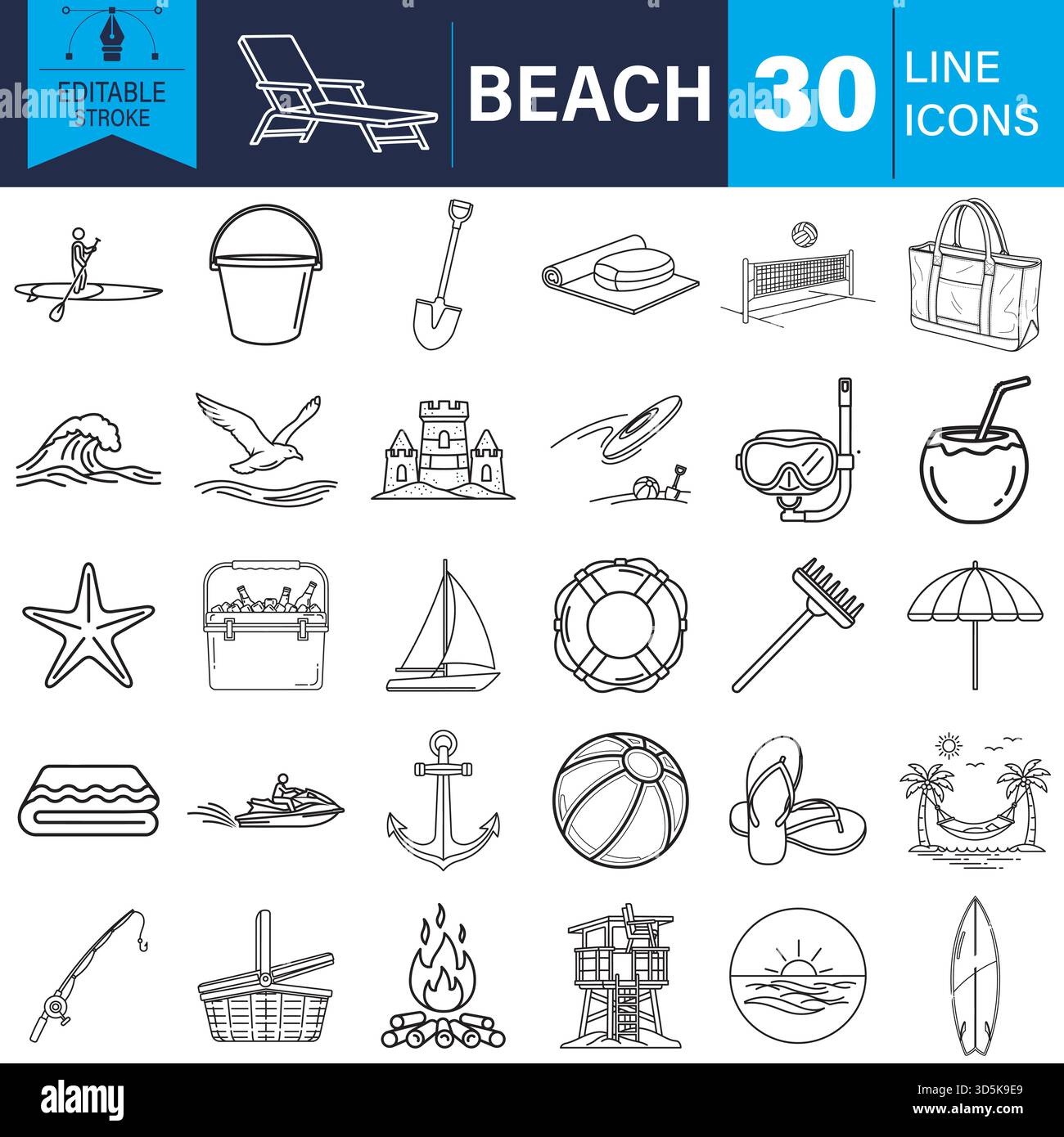 Beach vacation and summer activity line icons set. vector graphics. Vector Stock Vector