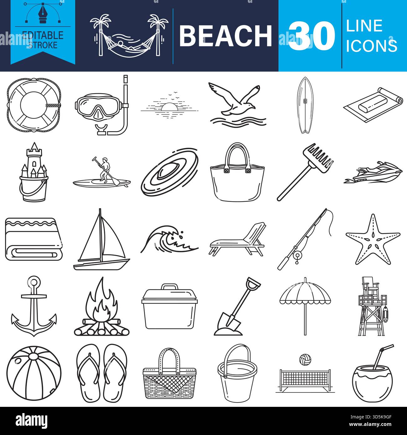 Beach vacation and summer activity line icons set. vector graphics. Vector Stock Vector