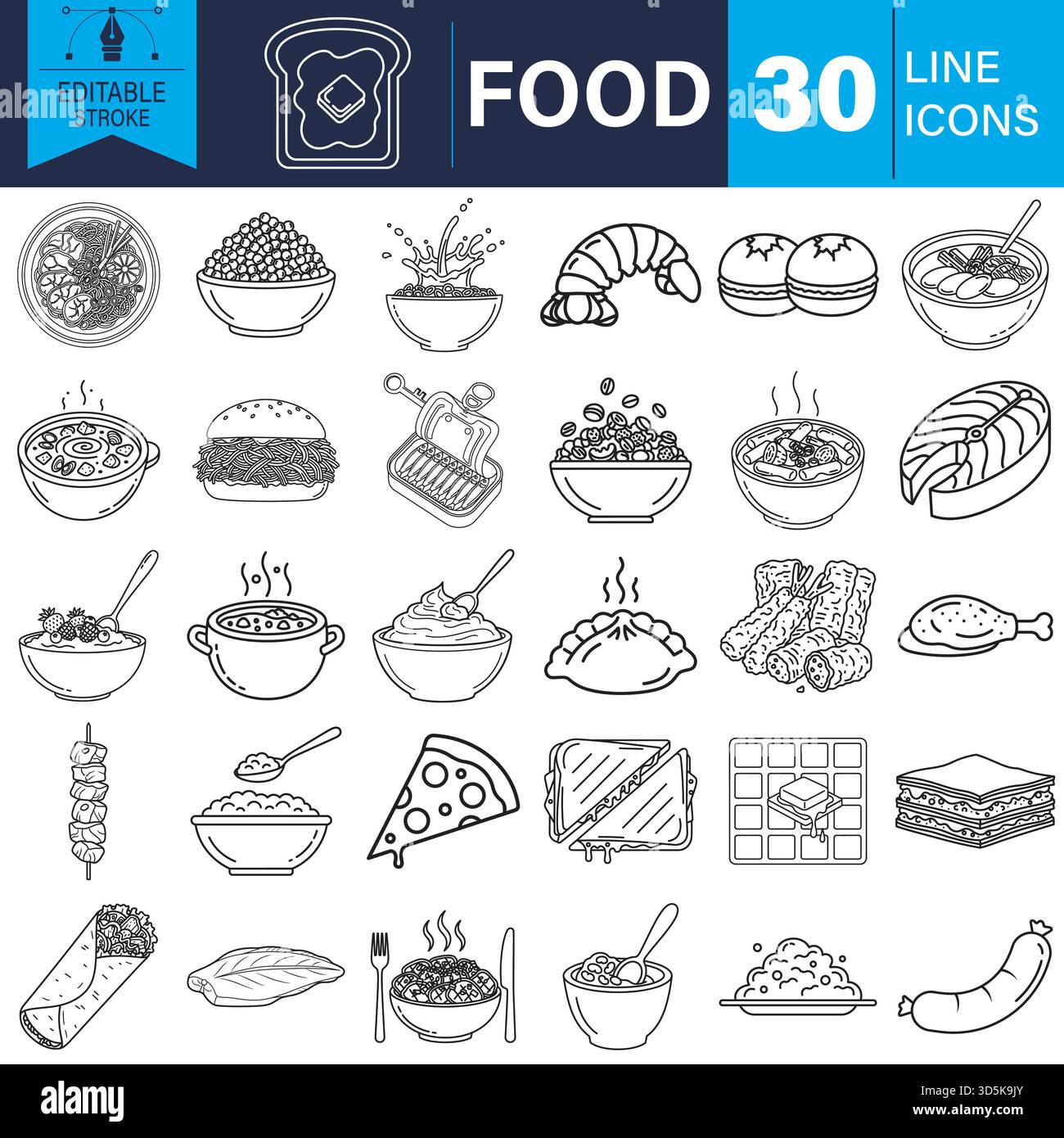 Diverse food line icons collection for culinary themes and menus Vector ...