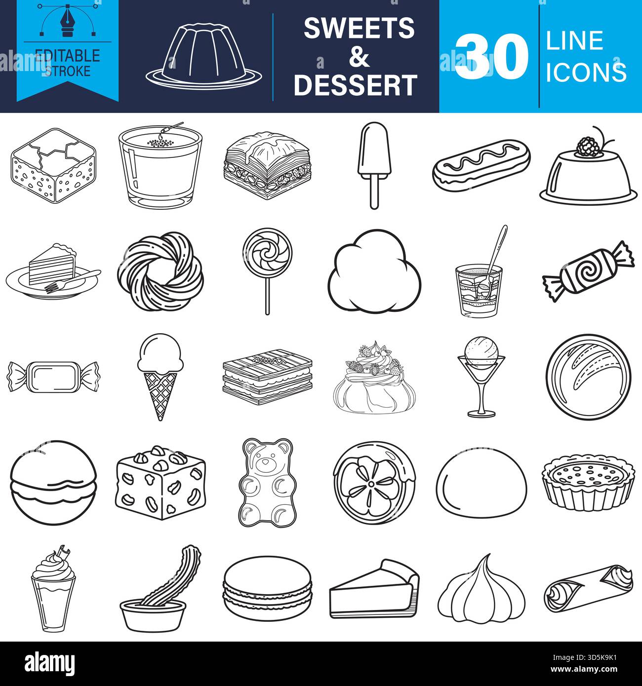 Editable stroke line art icons of sweets and desserts for menus. Vector Stock Vector