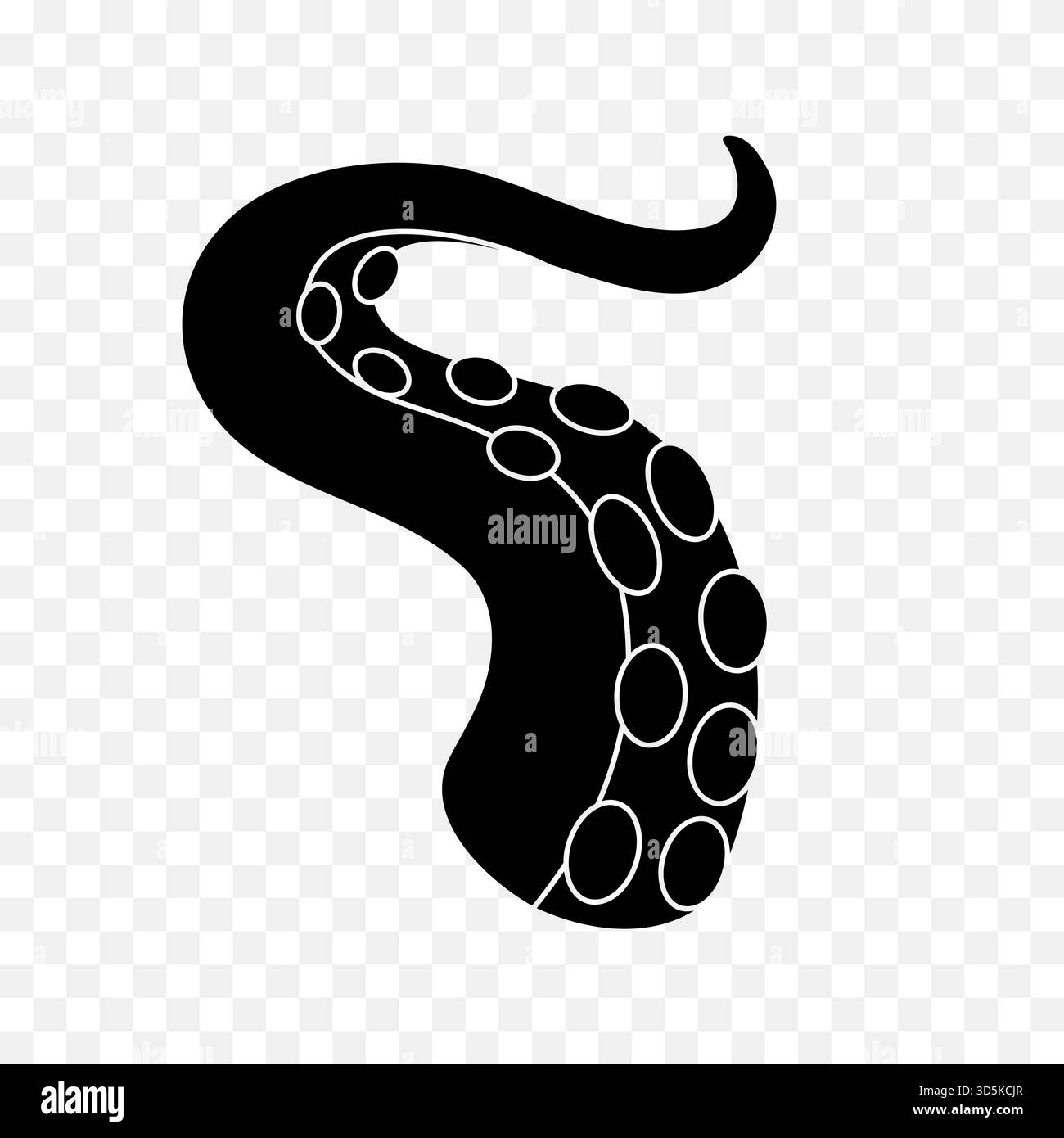 Curved black octopus tentacle with suction cups. Nautical vector line ...