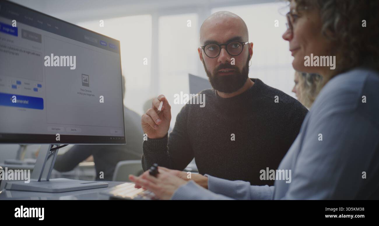 In Modern Computer Lab, Young Teacher Demonstrates Adult Student How Write Prompts For AI Generate Futuristic City Image. Concept of Innovation in Education, AI Literacy, Creative Technology Skills. Stock Photo