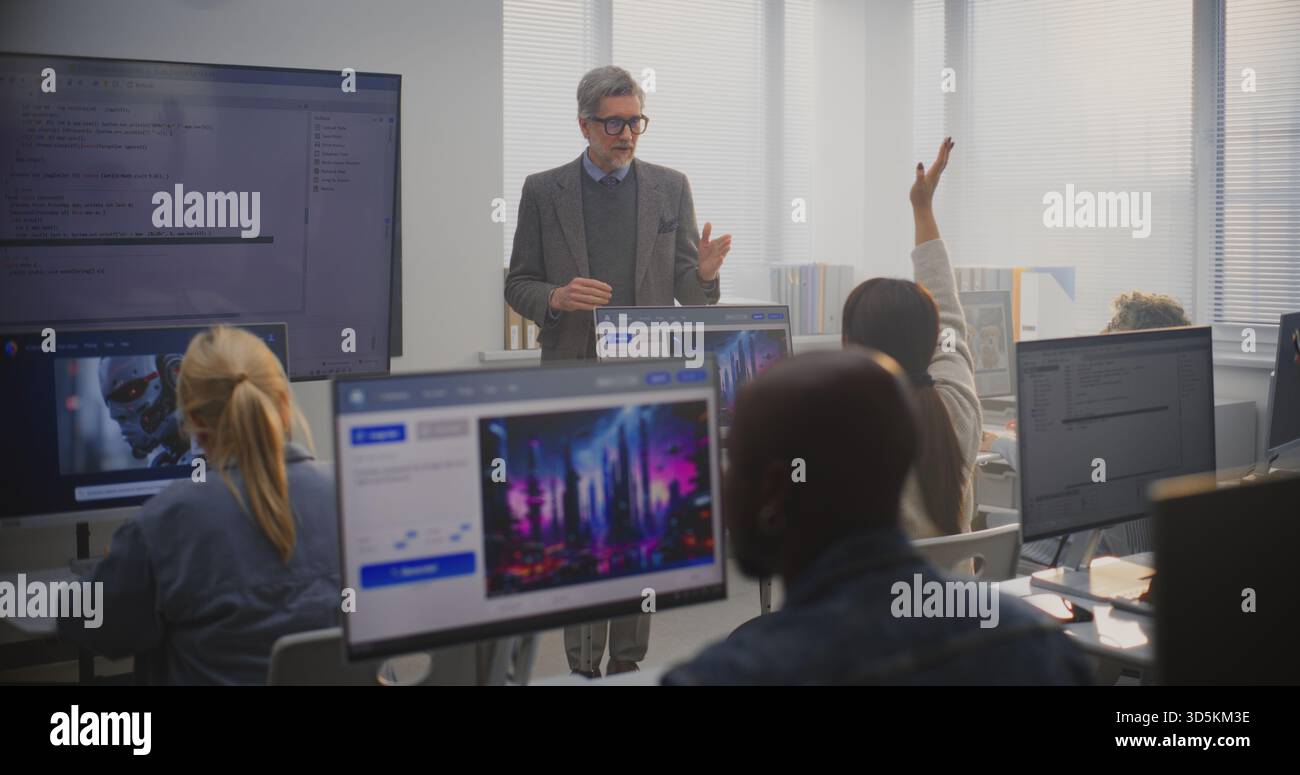 Stylish Male Instructor Stands by Monitor Showing Program, Explaining AI Generation Principles to Adult Students. Concept of Digital Education, Lifelong Learning, and Professional Development in Tech. Stock Photo