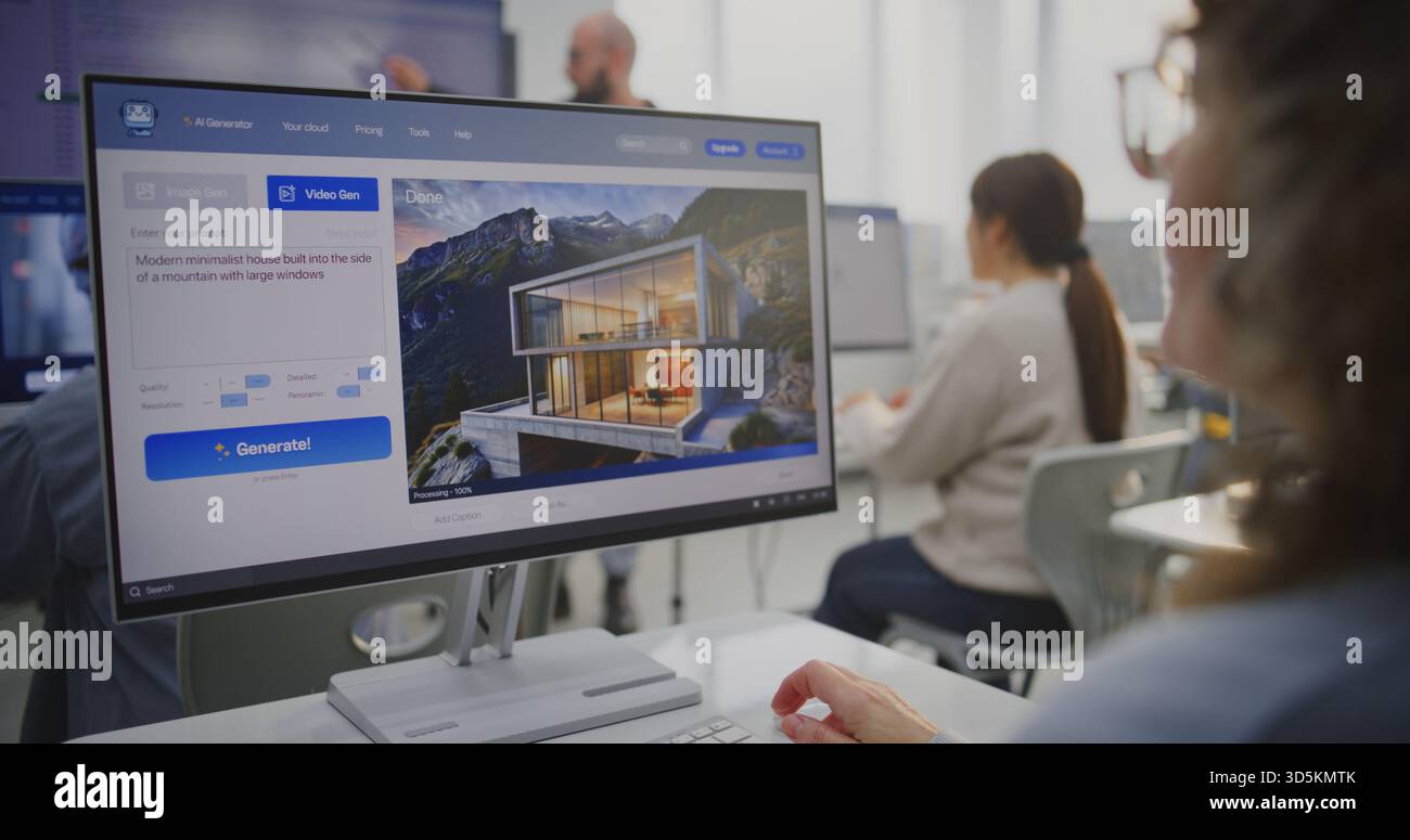 Curly woman behind monitor generates hi-res stock photography and ...