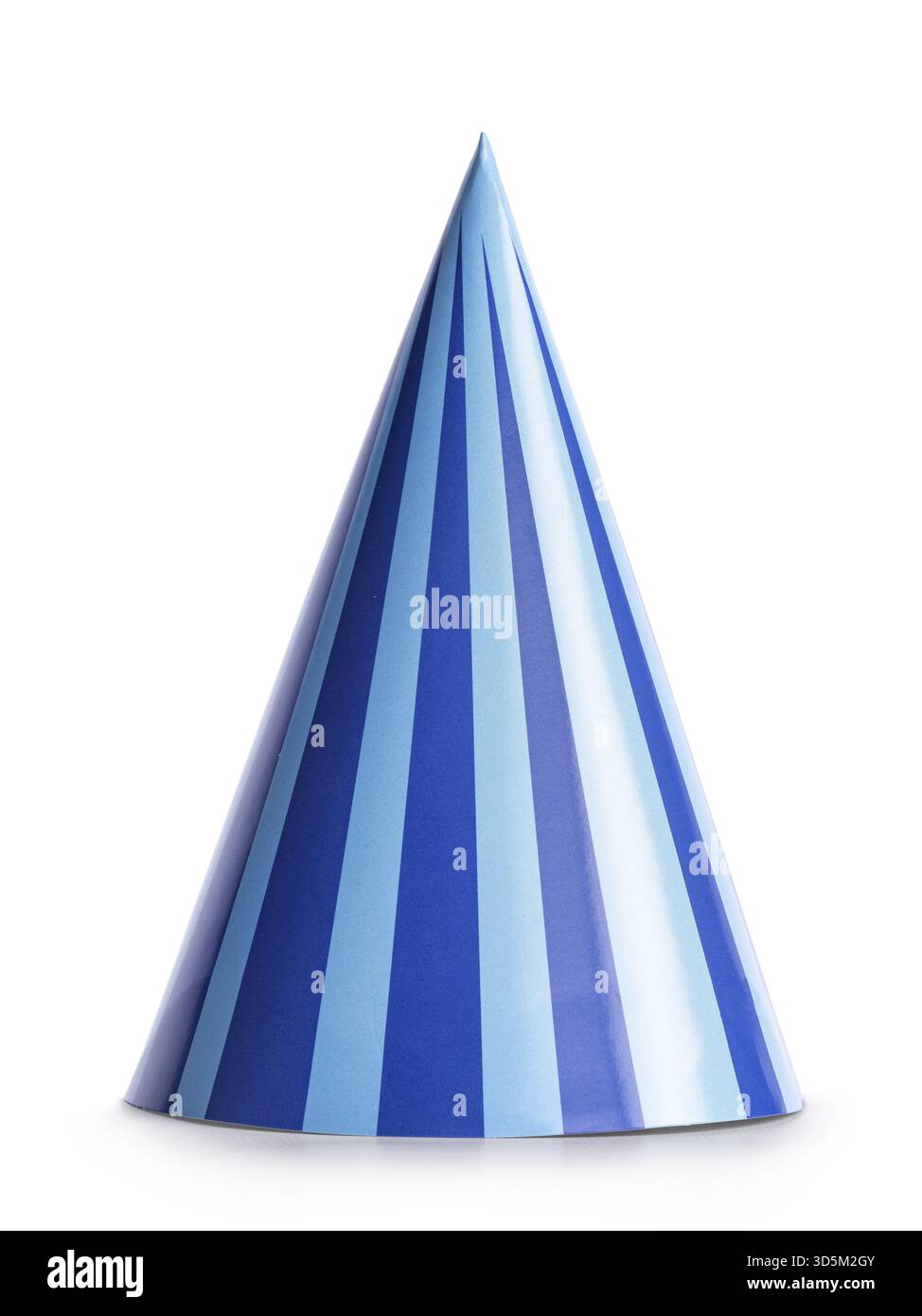 Blue paper party hat with stripes, standing on solid white background, Netherlands Stock Photo
