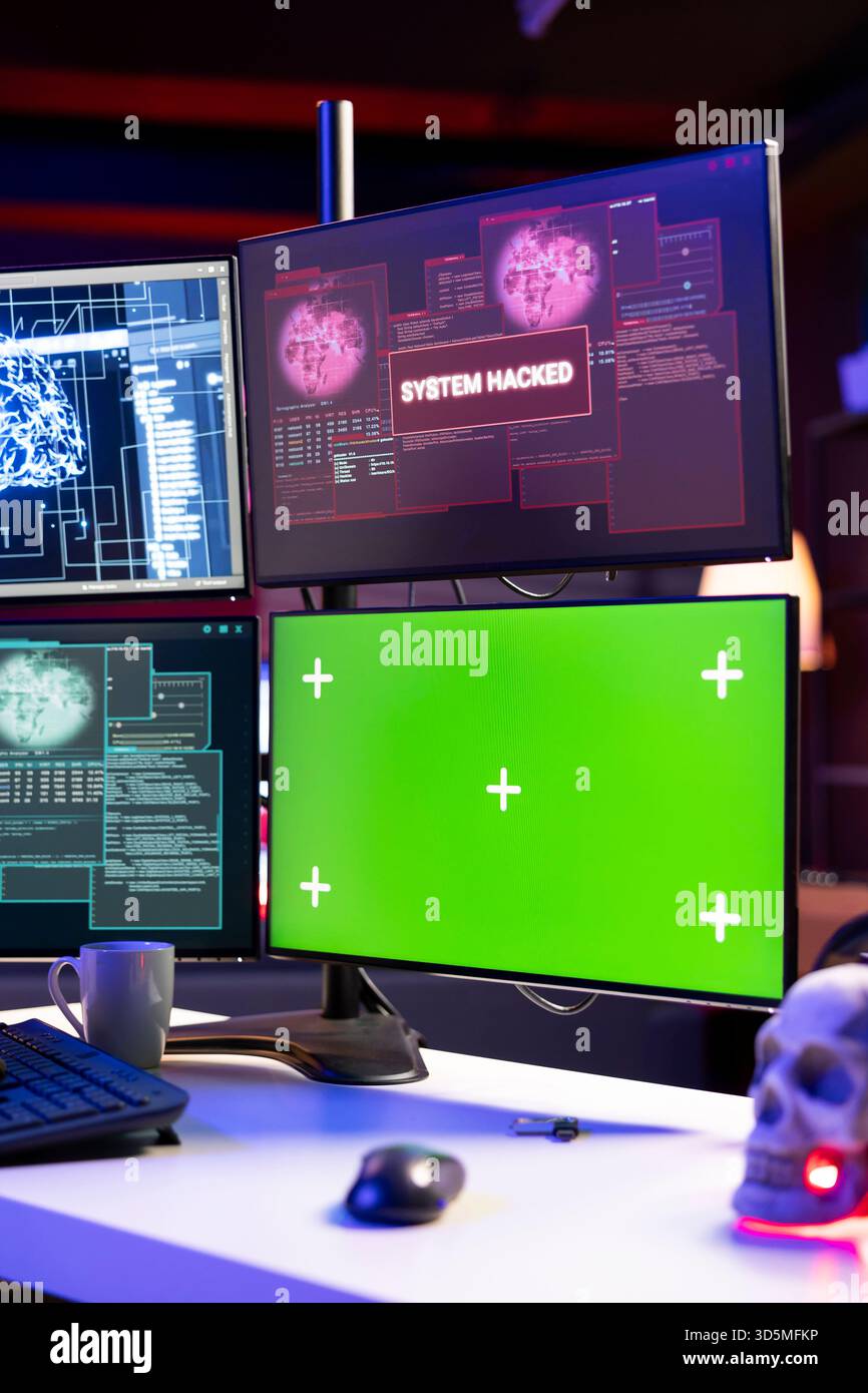 Hacking code scripts running on green screen mockup computer attacking firewalls. Programming language malware software shown on chroma key PC used by cyber criminals to breach security Stock Photo