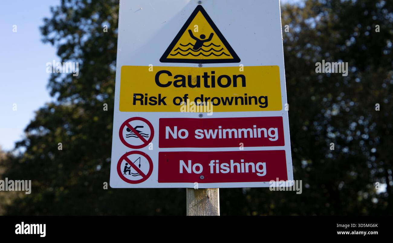 Warning sign indicating caution for risk of drowning with restrictions ...