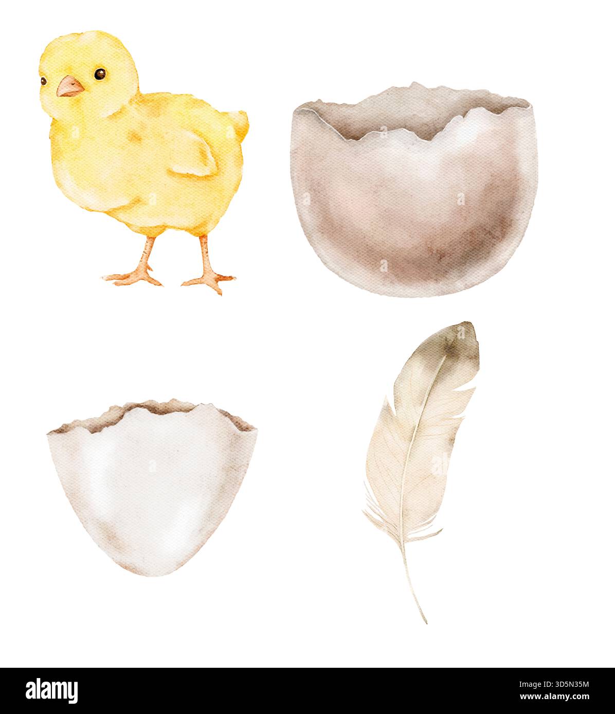 Watercolor Easter elements featuring a yellow chick, several eggshell pieces, and a light feather. Suitable for postcards, packaging, posters, labels, Stock Photo