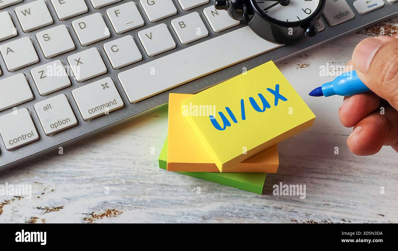 UI UX User Interface Experience Design Concept on Sticky Note with Keyboard and Computer Desk Stock Photo