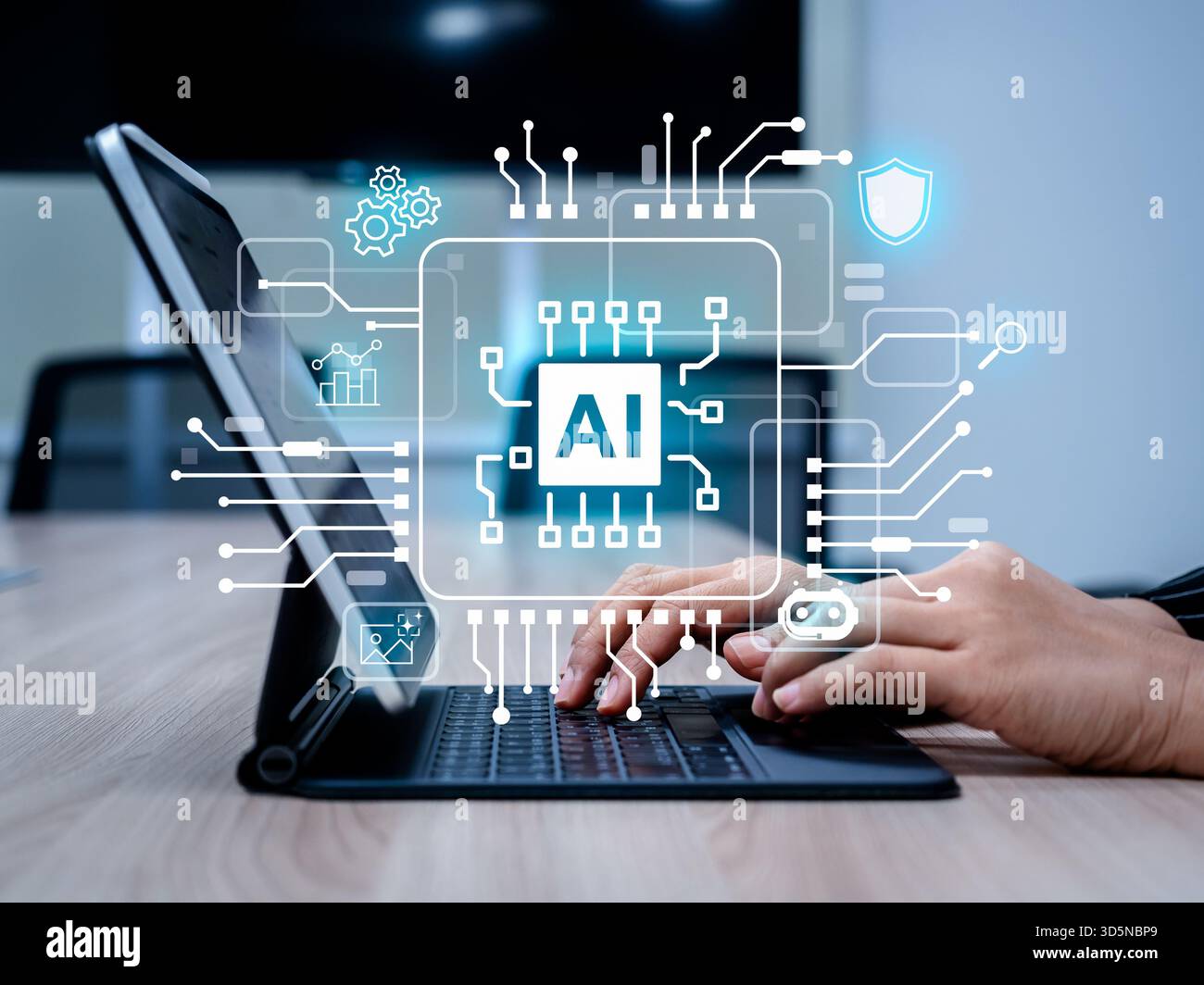 Hands typing on digital device with AI technology interface overlay. Concept of artificial intelligence, machine learning, data processing, and future Stock Photo