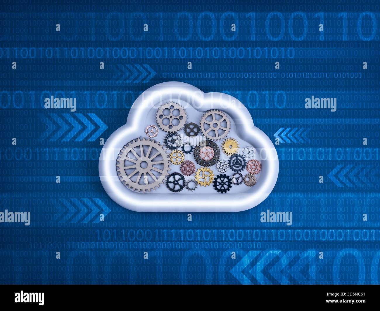 white cloud shape filled with gears on binary code background symbolizes cloud system management, digital infrastructure, automation, data processing, Stock Photo