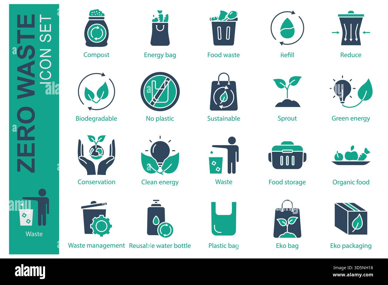Zero waste icon set. solid icon style. containing icon compost, refill, reduce and more. zero waste element vector illustration Stock Vector