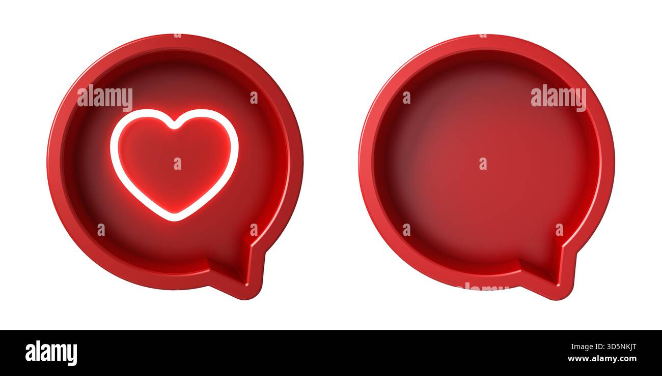 Neon love like heart and blank round speech bubble box isolated on white background 3D rendering Stock Photo