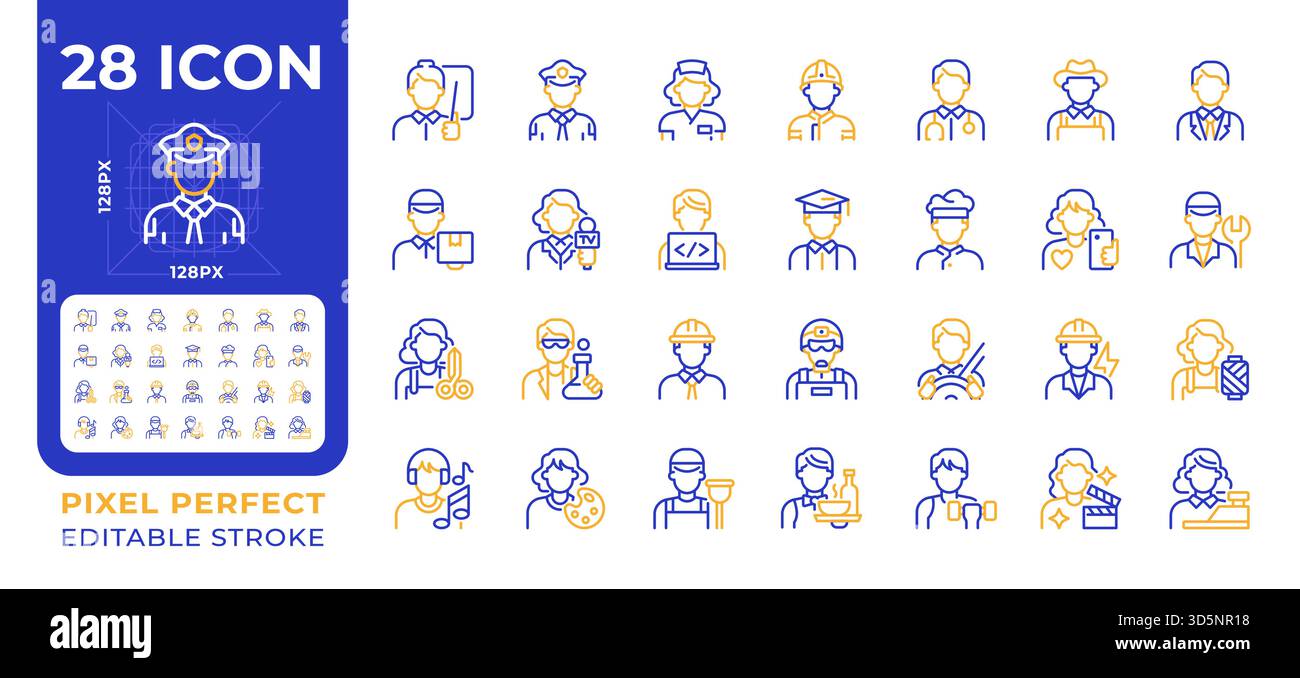 Professions pixel perfect two color line icons set Stock Vector